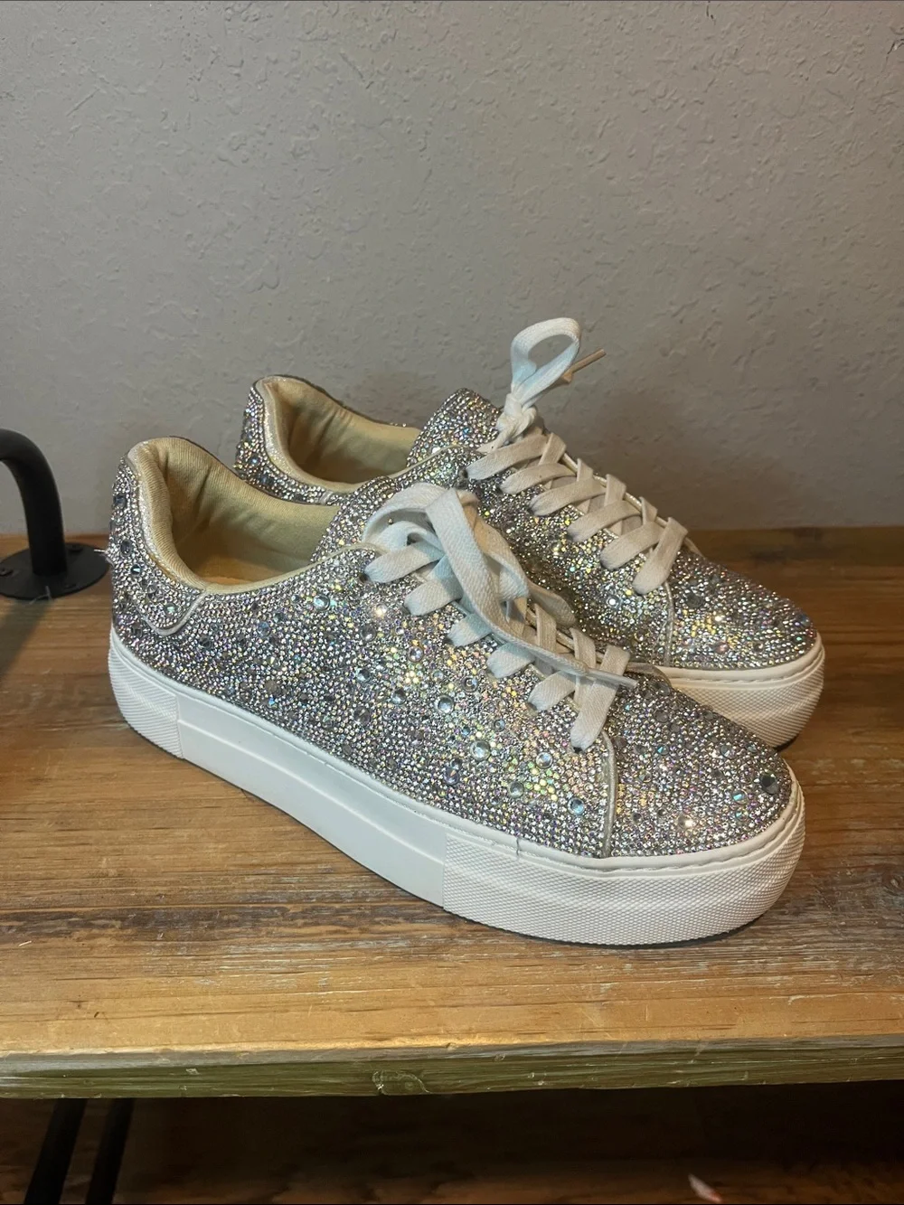 Betsey Johnson Silver Crystal Rhinestone Embellished Platform Sneakers size 6.5